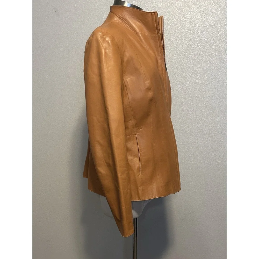 COLE HAAN 100%‎ Lambskin Leather Wing Collar Zip Jacket Camel Beige Women Sz 14